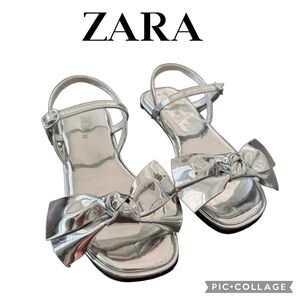 Zara kids girls mirrored bow sandals shiny silver size 32 or US 1